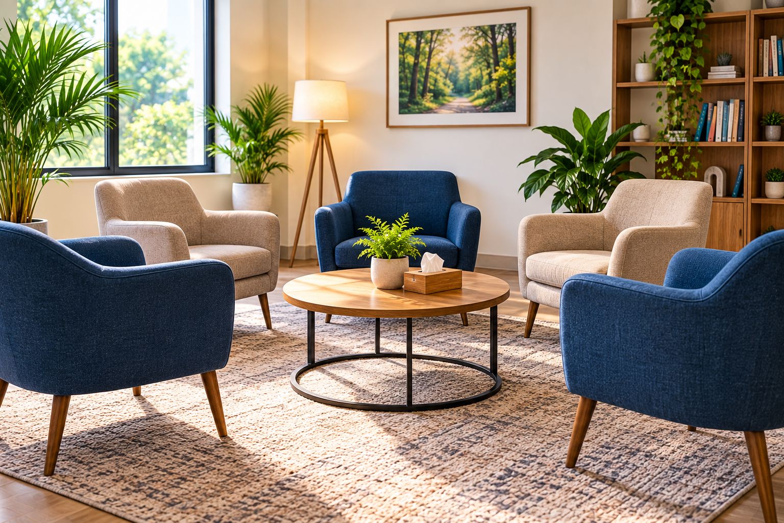 Group therapy hall for addiction recovery sessions